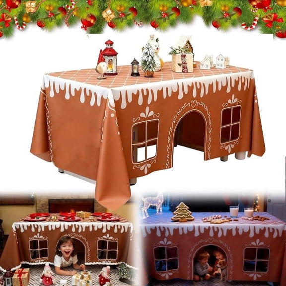 Gingerbread House Christmas Tablecloth, Interactive Gingerbread Playhouse Table Cover with Cut-Out Windows, Reusable Waterproof Rectangular Table Cloth for Party & Festive Xmas Decor (47 * 59 in)