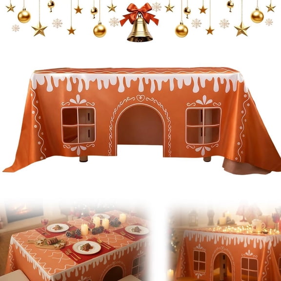 Gingerbread House Christmas Tablecloth, Reusable Funny Christmas Tablecloth Rectangle with Cut-Out Windows for Party & Festive Decor (47" x 59")