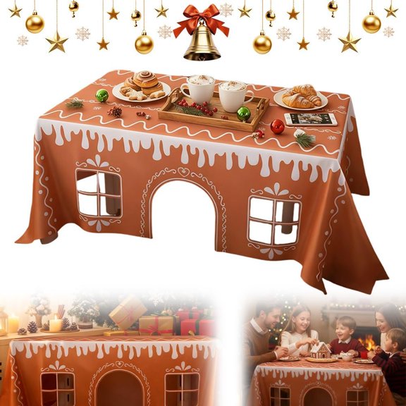 Gingerbread House Christmas Tablecloth, Reusable Funny Christmas Tablecloth Rectangle with Cut-Out Windows for Party & Festive Decor (47" x 59")