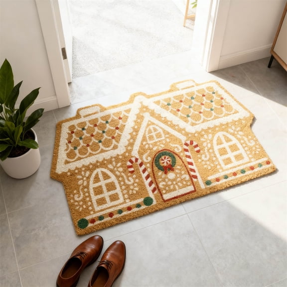 Gingerbread House Christmas Welcome Doormat, Natural Coir Non-Slip Front Door Mat, Elegant Winter Holiday Rug for Outdoor Entryway Porch Patio