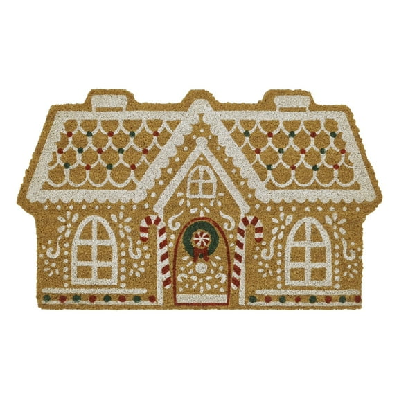 Gingerbread House Coir Doormat With Candy Cane & Wreath Details - Multi - Color Christmas Outdoor Entry Mat For Front Door, Porch, Patio Decor