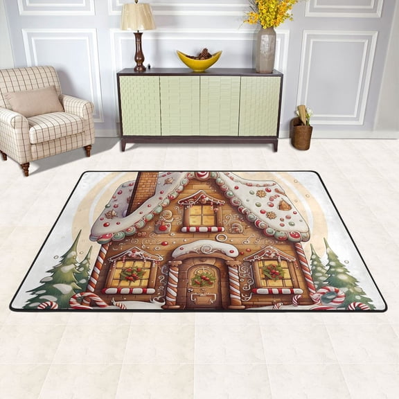 Gingerbread House Cookies Trees Area Rug Washable 72 x 48 Floor Carpet Mat Non Slip for Bedroom Living Room Kids Room Home Decor