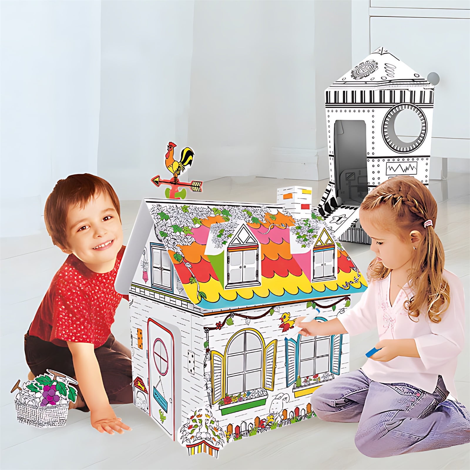 Gingerbread House Craft for Kids - Black and White Gingerbread Cardboard Playhouse to be Colored - Mess-Free Coloring Fun Kids Daily Activities Ages 3-9