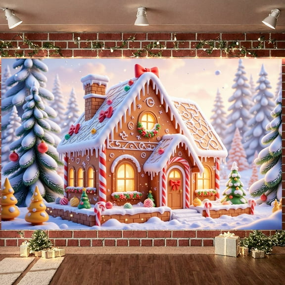 Gingerbread House Design Christmas Banner Snowy Winter Xmas Backdrop Festive Ornaments Candy Cane Accents Holiday Background for Christmas Party Winter Celebration Indoor Display