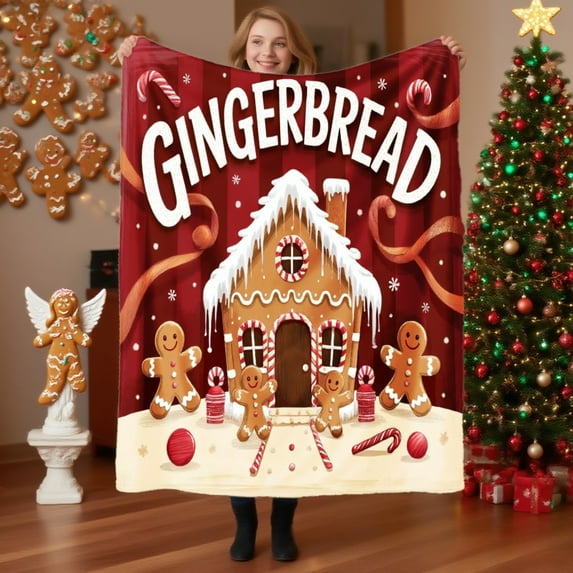 Gingerbread House Flannel Blanket - Super Soft 280g White Christmas Throw Blanket with Gingerbread Characters and Candy Canes, Machine Washable Cozy Winter Gift