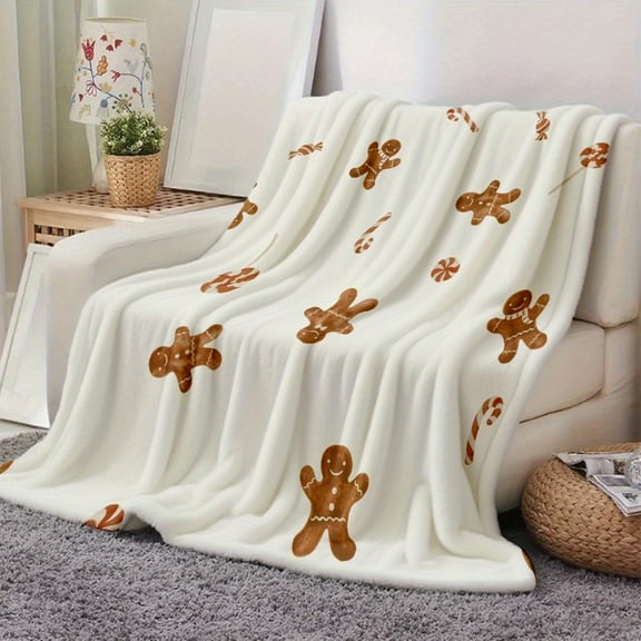 Gingerbread House Flannel Throw Blanket - Cozy All-Season Bedspread with Gingerbread Men & House Print for Bed, Sofa, Office, Camping - Warm Gift