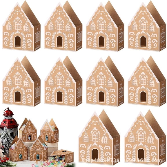 Gingerbread House Gift Basket (Paper) 10Pcs/ Christmas Candy House Christmas Box Small Paperboard Container For Xmas Holiday Cookie Snack Packaging