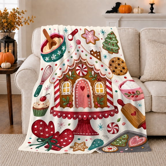 Gingerbread House Holiday Baking Scene, Festive Holiday Scene, Warm Flannel Blanket for Living Room and Family Room, Art Lovers Valentine's Day Gift, Festive Home Decor