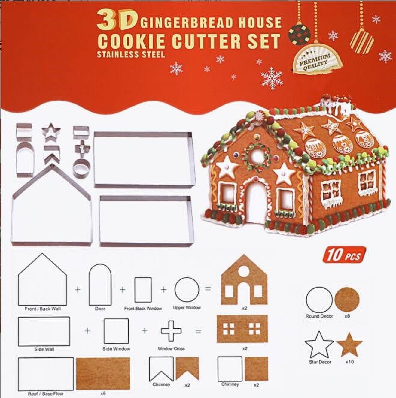 Gingerbread House Kit, Gingerbread Cookie Cutters Set of 10, Gingerbread House Cookie Cutter Set for Adults Kids, 3D Stainless Steel Cookie Mold with Gift Box for Christmas, Pastry Baking DIY Tool