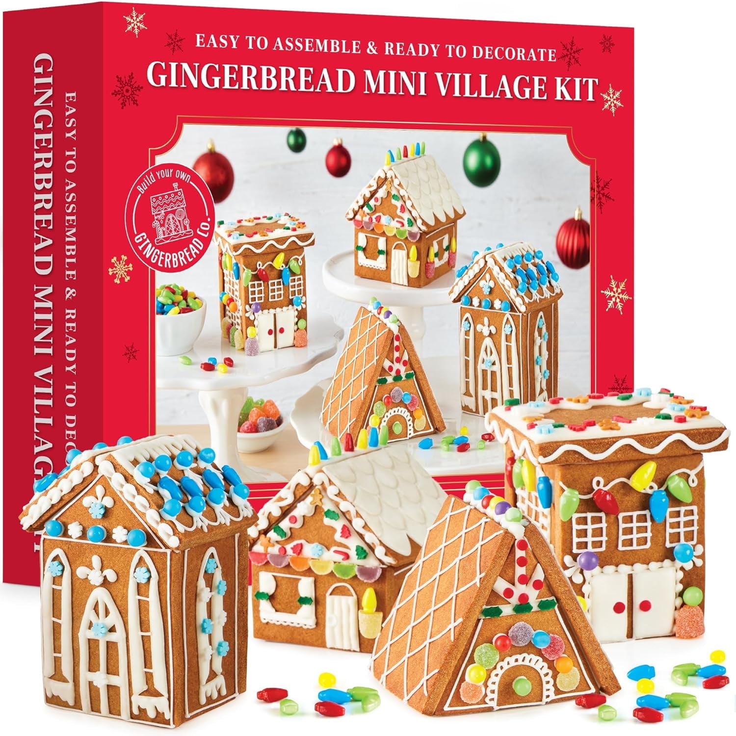 Mini Gingerbread House Kit Village, Set of 4 DIY Christmas Gingerbread Cookie Decorating Kits with Candy & Icing