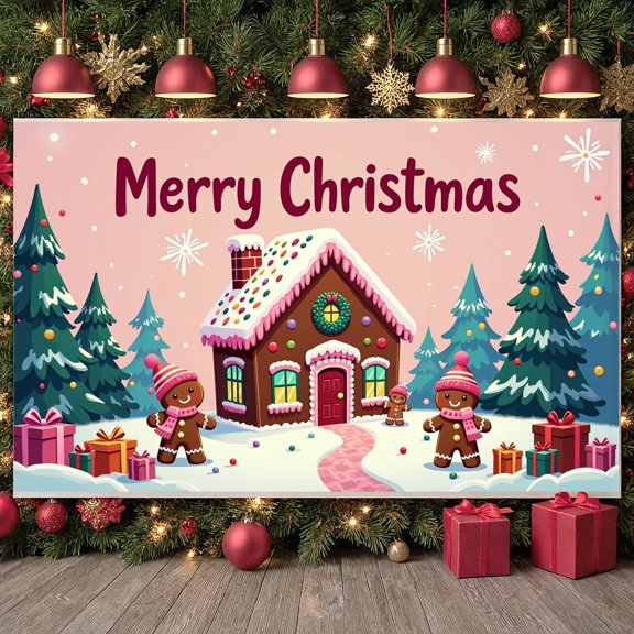 Gingerbread House Merry Christmas Banner Christmas Tree Christmas Display Gingerbread Man Gift Box Gingerbread House Backdrop for Christmas Party Holiday Celebration Indoor Decoration