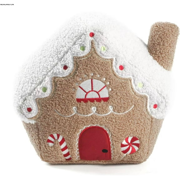 Gingerbread House Plush Sherpa Cushion Pillow, Khaki, Merry Christmas Embroidery, 30x28x16 cm (11.8x11x6.3 in), Polyester