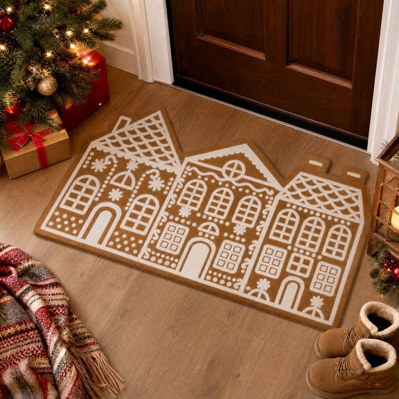 Gingerbread House Shaped Door Mat,Christmas Holiday Entryway Rug,Festive Front Door Floor Decor,Whimsical Gingerbread Home Christmas Decoration(15.74x23.62",S)