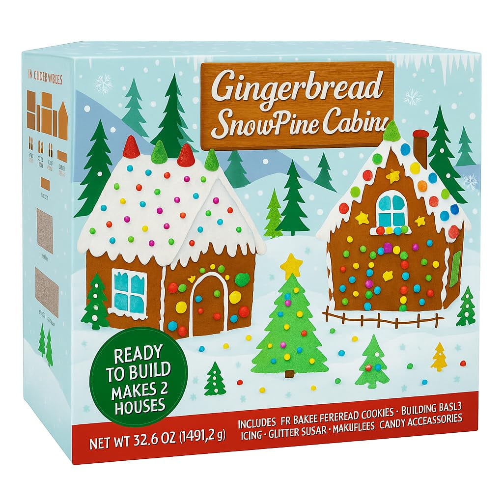 Gingerbread House Snow Pine Cabin Decorating Kit Includes 2 Pre-Baked Gingerbread Houses, 4 Vanilla Cookies, 2 Icing Pouches, Glittery Sprinkles & Gumdrop Candy Fun Kids Christmas Holiday Craft