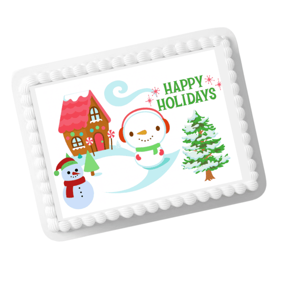 Gingerbread House & Snowman Edible Cake Topper 8x10 Frosting Sheet | Christmas Holiday Cake Decoration