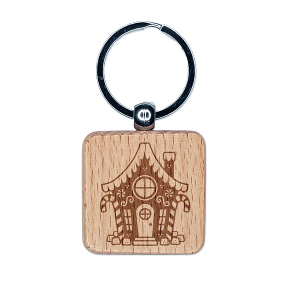 Gingerbread House with Peppermint and Gumdrops Christmas Square Keychain Charm Tag - Engraved Wood