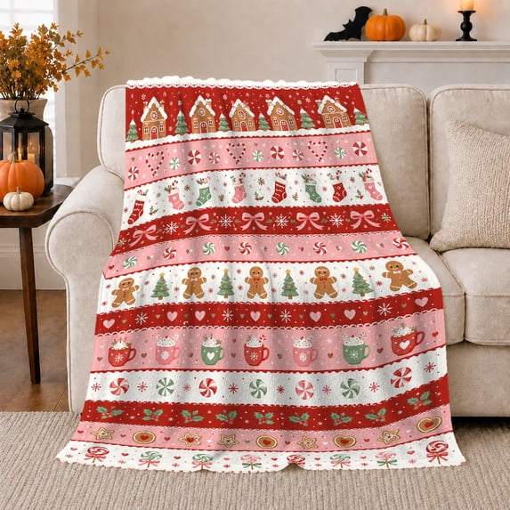 Gingerbread Houses and Candy Cane Rows, Playful Nordic Style for Holiday Lovers, Sweet Holiday Stripe Pattern and Christmas Gift, Cozy Flannel Blanket for Playroom and Family Room, Home Decor