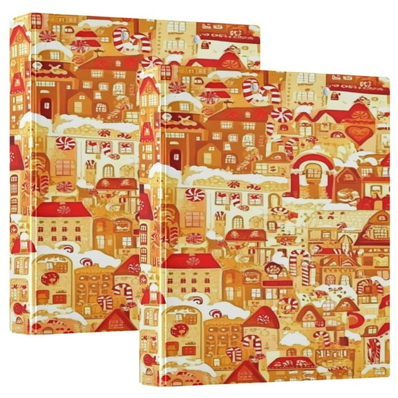 Gingerbread Houses Pattern 12.4x10.6in PVC Round Ring Binder, D-Ring 3-Hole, Metal Clip, 200 Sheets