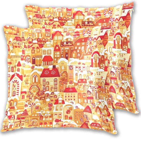 Gingerbread Houses Pattern 16x16in 2-Piece Cotton Fleece Throw Pillow Covers, Shrink Resistant, Hidden Zip