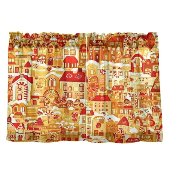 Gingerbread Houses Pattern 27"x36" Linen Look Cafe Curtain Set with Privacy and UV Protection