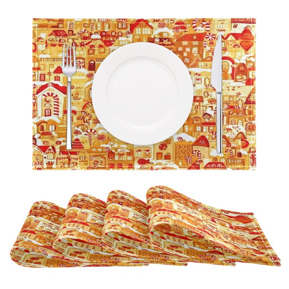 Gingerbread Houses Pattern Placemats Set of 6 Coffee Mats, Non Slip Backing 18x12 Inch for Home and Restaurants
