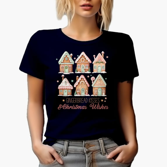 Gingerbread Kisses & Christmas Wishes & Gingerbread House Art Merch Gift, Navy Blue T-Shirt, XL