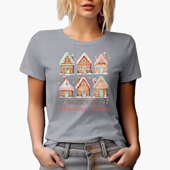 Gingerbread Kisses & Christmas Wishes with Gingerbread House Art Merch Gift, Heather Grey T-Shirt, 3XL