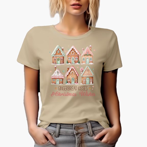 Gingerbread Kisses & Christmas Wishes with Gingerbread House Art Merch Gift, Tan T-Shirt, Medium