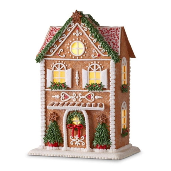 Gingerbread Lighted Christmas House with Trees 13 Inch