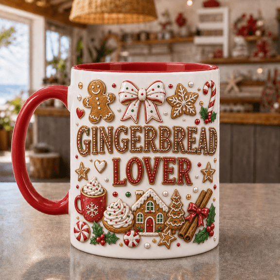 Gingerbread Lover Mug 3D Effect Cookie Coffee Cup with Icing Bow Holiday Gift