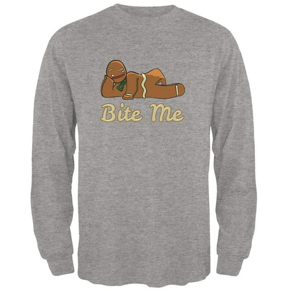 Gingerbread Man Bite Me Heather Grey Adult Long Sleeve T-Shirt - Small
