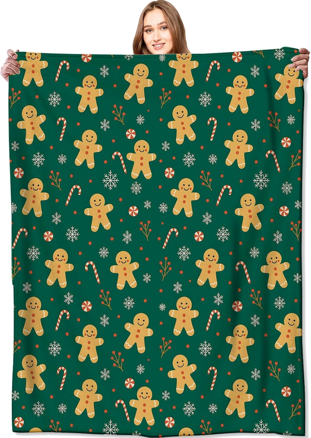 Gingerbread Man Blanket Christmas Holiday Decor Cute Green Xmas Throw Gifts for Kids Lightweight Fleece Candy Canes Snowflakes Snowflakes Cookies Blankets for Festive Winter Decoration 40x50in