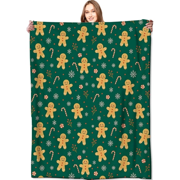 Gingerbread Man Blanket Christmas Holiday Decor Cute Green Xmas Throw Gifts for Kids Lightweight Fleece Candy Canes Snowflakes Snowflakes Cookies Blankets for Festive Winter Decoration 40x50in