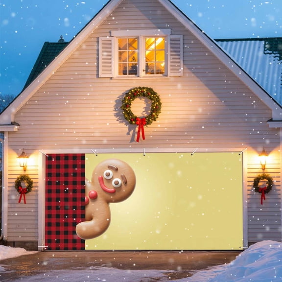 Gingerbread Man Buffalo Plaid Christmas Garage Door Decorations, 6x13ft Garage Door Cover Banner with Grommets, Outdoor Garage Door Backdrop Mural for Holiday Party Wall Decor, Winter
