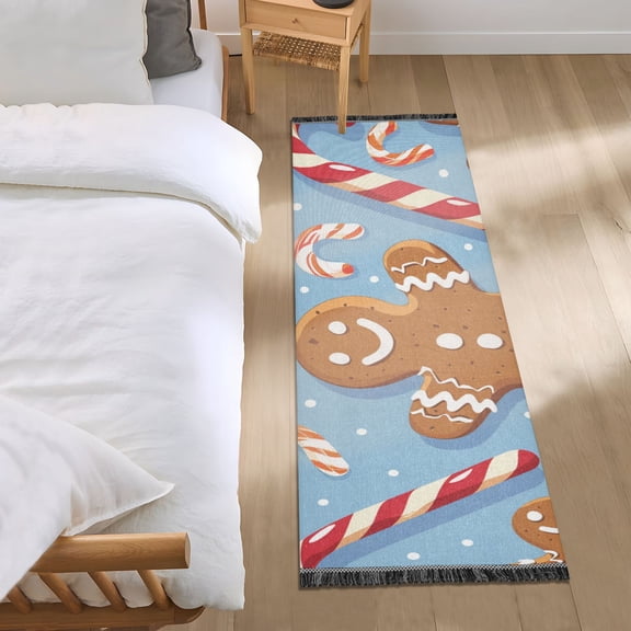 Gingerbread Man Candy Canes Cartoon Christmas Bedside Runner Rug 2'x 6' Non Slip Carpet Floor Mat Area Rug
