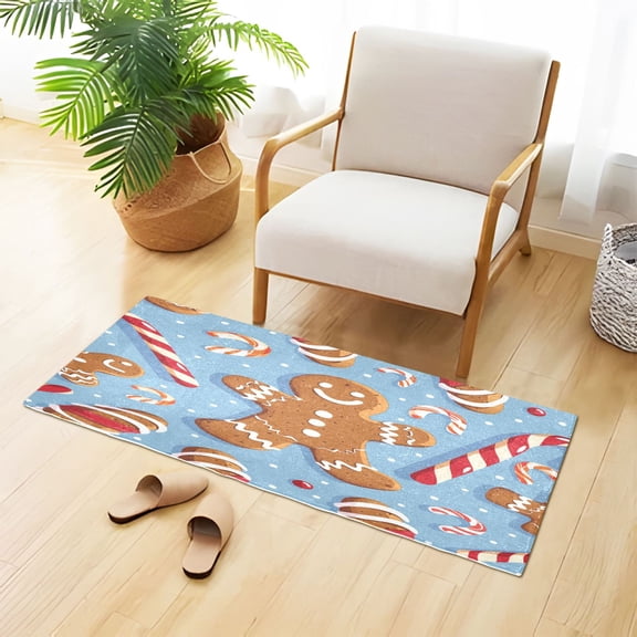 Gingerbread Man Candy Canes Cartoon Christmas Plush Carpet Non Slip Runner Rug Absorbent Bath Mat 39" x 20"