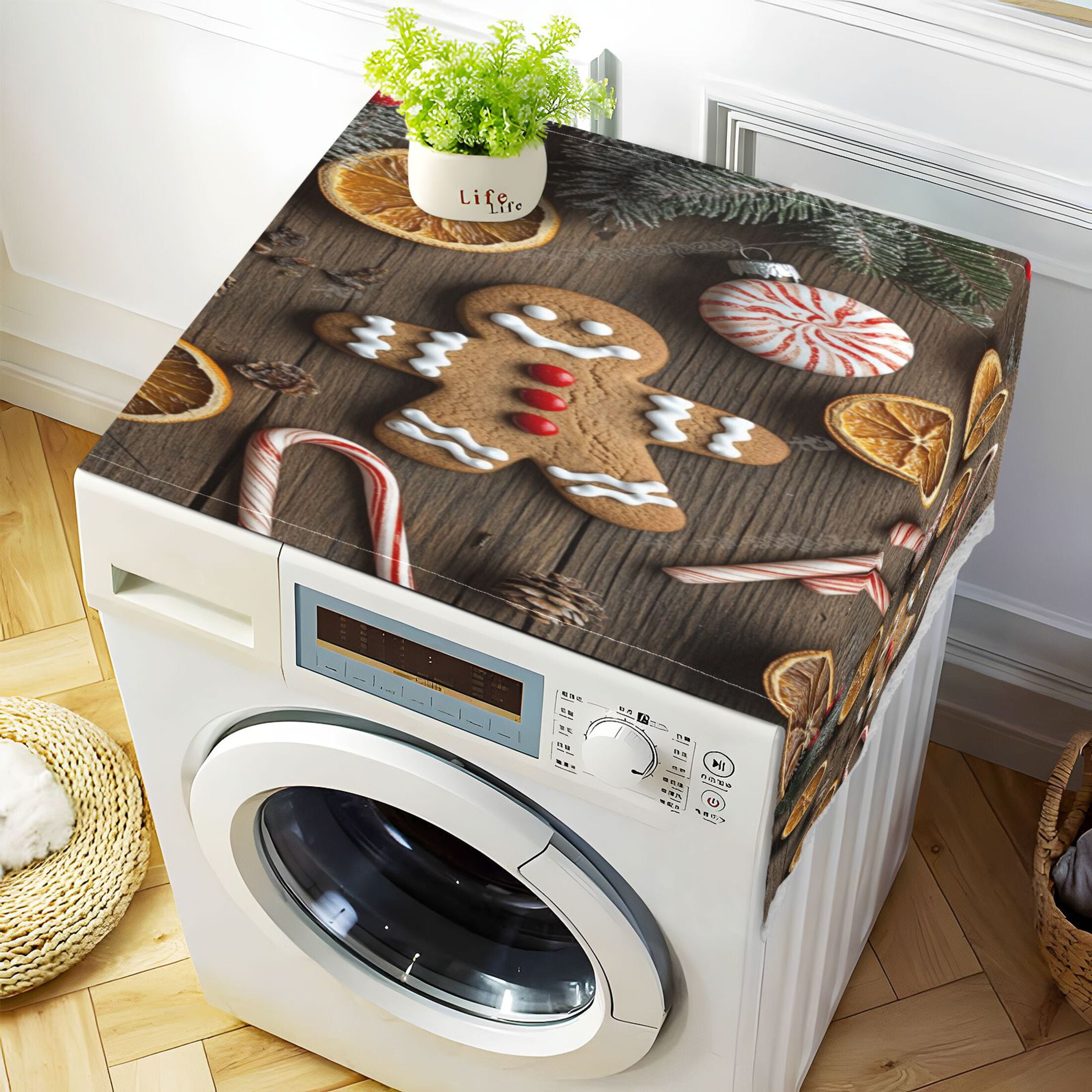 Gingerbread Man and CandyWasher and Dryer Covers Dust-Proof and Oil Resistant Fridge Cover with 4 Storage Pockets Washing Machine Top Cover for Laundry Kitchen Home 51.2 x 22 In
