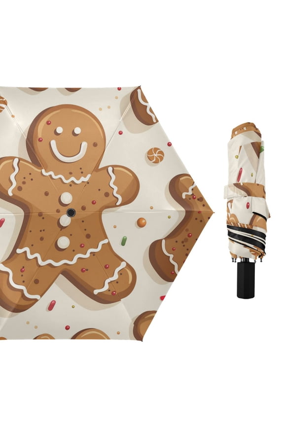 Gingerbread Man Cartoon Christmas All Weather Umbrella Triple Folding Parasol 6 Ribs UV Protection Portable