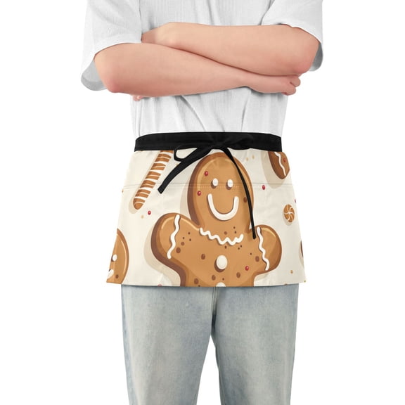 Gingerbread Man Cartoon Christmas Short Server Apron with 3 Pockets for Unisex Chef Gardening