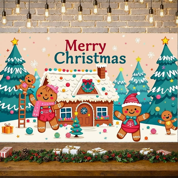 Gingerbread Man Christmas Banner Gingerbread House Xmas Display Snowflake Colorful Decorations Holiday Backdrop for Christmas Party Home Decor Indoor Celebration