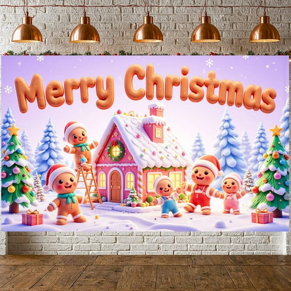 Gingerbread Man Christmas Banner Gingerbread House Xmas Display Snowflake Colorful Decorations Holiday Backdrop for Christmas Party Home Decor Indoor Celebration