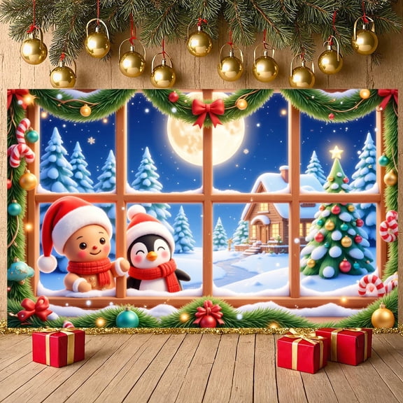 Gingerbread Man Christmas Banner Penguin Character Winter Backdrop Colorful Ornaments Snowy Scene Holiday Background for Christmas Party Home Decoration Xmas Celebration