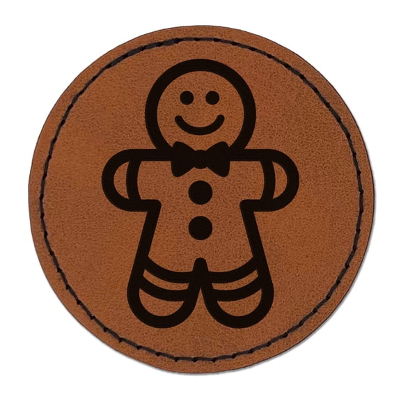 Gingerbread Man Christmas Cookie 2.5" Faux Leather Round Engraved Iron-On Patch - Brown