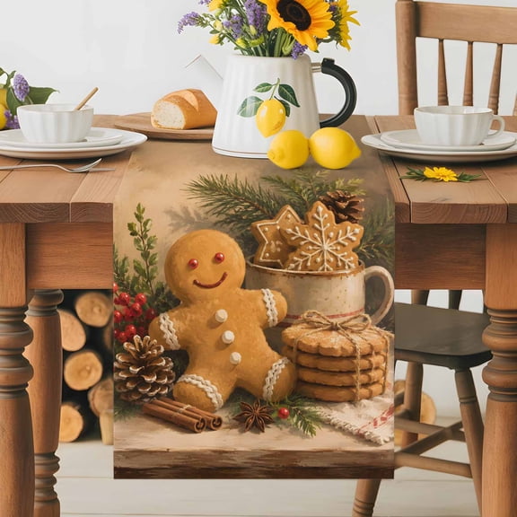 Gingerbread Man Christmas Cookies Table Runner 72 Inches Long, Xmas Tree Winter Berry Table Runners Tabletop Scarf Kitchen Dining Tables Decoration for Home Party Indoor Outdoor