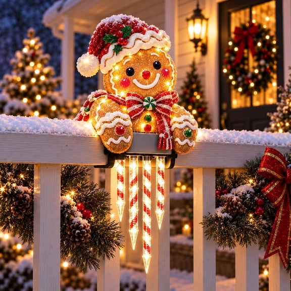 Gingerbread Man Christmas Icicle Lights, Warm LED Railing Decor with Clamp Base, Lighted Holiday Porch Deck Balcony Fence Decoration