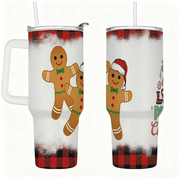 Gingerbread Man Christmas Insulated Tumbler with Lid and Straw, Buffalo Plaid Stainless Steel Travel Mug with Handle