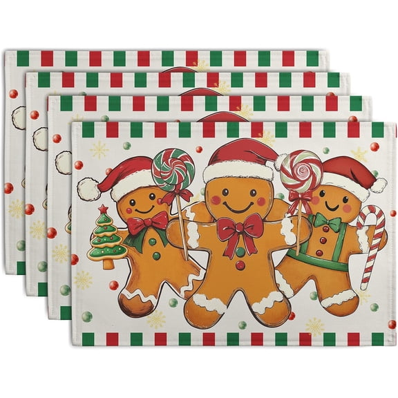 Gingerbread Man Christmas Placemats Set of 4 Candy Cane Xmas Seasonal Holiday Linen Table Mats Red Green Orange Winter Washable Place Mats for Party Kitchen Dining Outdoor Indoor Decor