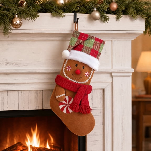 Gingerbread Man Christmas Stocking Hanging Ornament, Large Capacity Candy Gift Bag for Tree, Fireplace, and Festive Holiday Decor