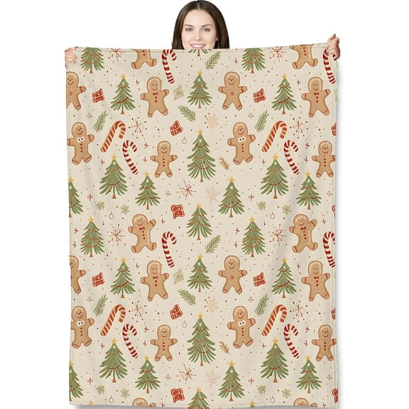Gingerbread Man Christmas Throw Blanket for Adults Kids, 50x60 in, Holiday Tree Candy Cane and Cookie Theme Flannel Blankets for Bedroom, Couch, Travel, Home Decor, Fuzzy Soft Cozy Warm Gifts