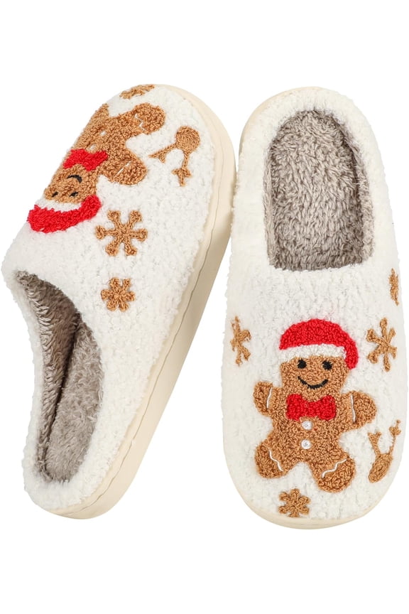 Gingerbread Man Christmas slippers Women Men Indoor Warm Plush Holiday Santa Cookie Slippers Fur Cozy Outdoor Shoes-6.5-7